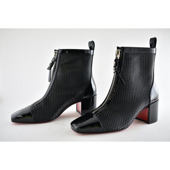 Christian Louboutin Kimi 55 Black Patent Leather Block Heel Zip Ankle Boot 37.5 - Picture 10 of 12